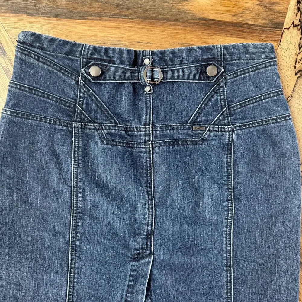 Kensie Dark Wash Paneled Denim Pencil Skirt Stretch Midi 90's Style Retro Large